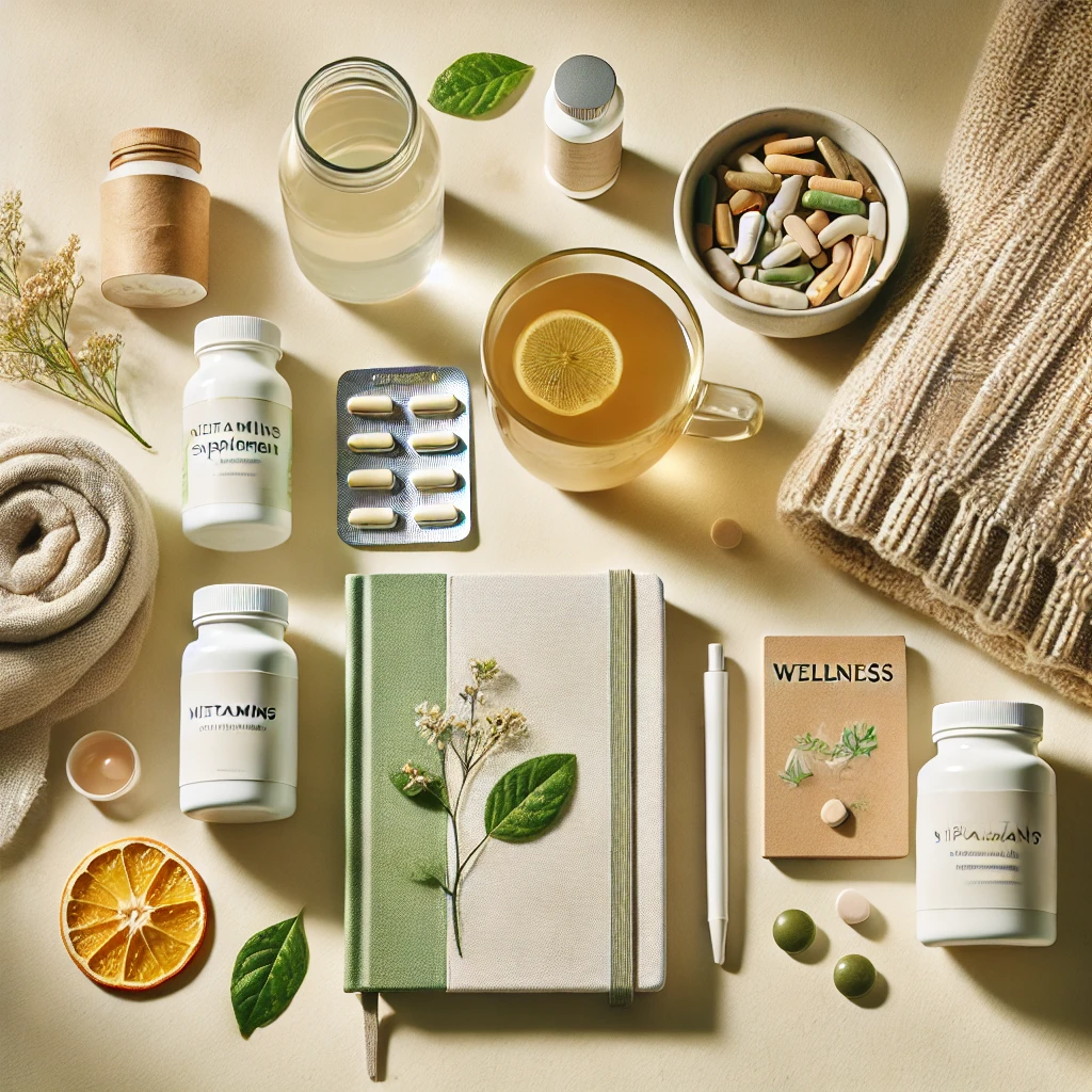 Wellness items arranged on a flat surface.