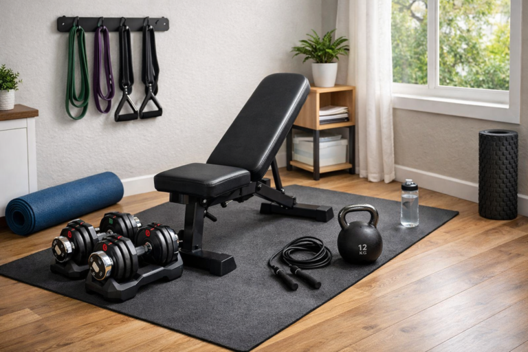 home gym equipment workout setup with dumbbells and bench in small space