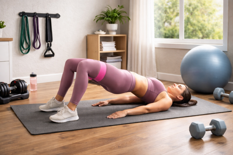 glute workouts at home with resistance bands, dumbbells, and stability ball