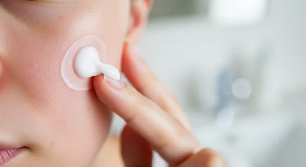 close-up of face lotion for sensitive skin being applied gently close-up of face lotion for sensitive skin being applied gently