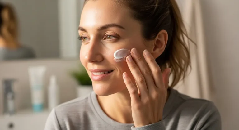 woman applying facial moisturizer for sensitive skin in soft lighting