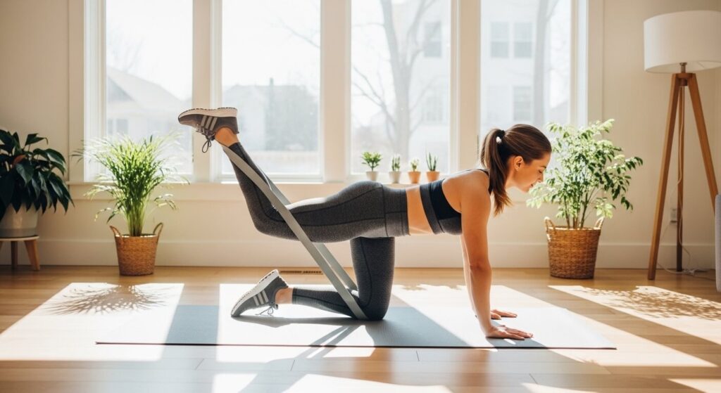 exercise to make your booty bigger — woman using resistance bands at home exercise to make your booty bigger — woman using resistance bands at home